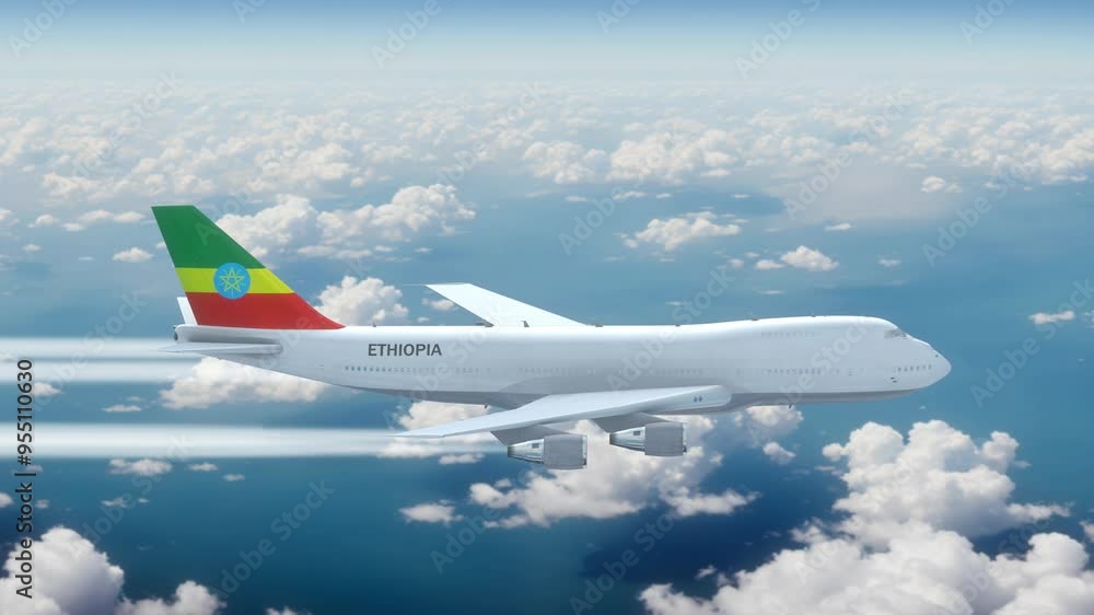 Commercial Airliner Passanger Plane Jumbo Jet Flying over Clouds with Country Flag Ethiopia Commercial Airliner Passanger Plane Jumbo Jet Flying over Clouds with Country Flag Ethiopia
