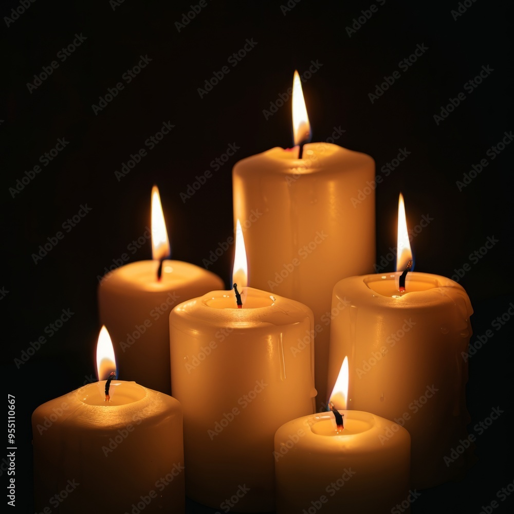 Burning Tealight Candles on a Reflective Surface in Low Light Burning Tealight Candles on a Reflective Surface in Low Light