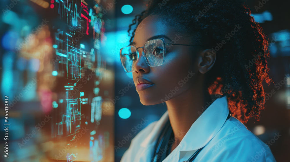 African American Doctor, A black female doctor examines holographic AI data related to healthcare, showcasing medical research advancements and innovation African American Doctor, A black female doctor examines holographic AI data related to healthcare, showcasing medical research advancements and innovation
