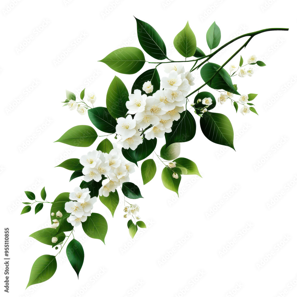 Fototapeta premium Elegant white floral arrangement with lush green leaves, perfect for spring or nature-themed designs.