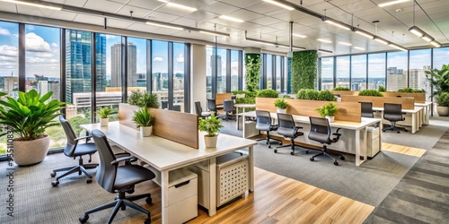 Modern Office Interior With Ergonomic Furniture And Natural Light, Creating A Productive And Inviting Work Environment In Australia.