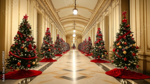 Elegant Christmas decoration in a luxurious hallway with Christmas trees and festive ornaments