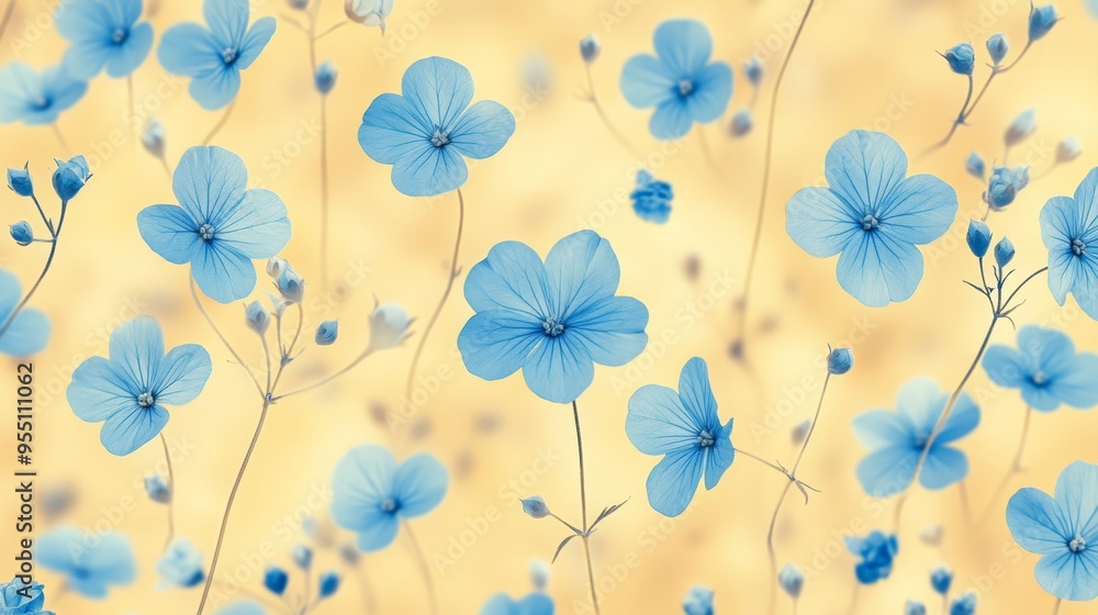 A vibrant pattern of delicate blue flowers on a soft yellow background, perfect for nature-inspired designs and floral themes. A vibrant pattern of delicate blue flowers on a soft yellow background, perfect for nature-inspired designs and floral themes.
