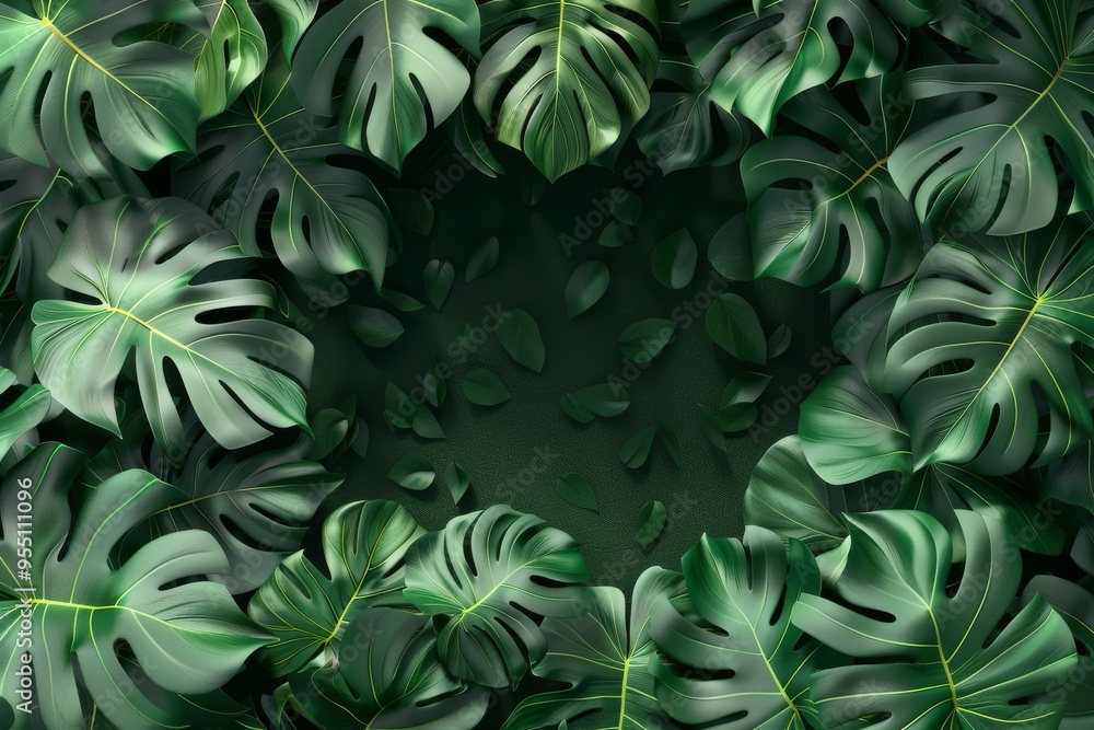 Flat lay frame with monstera green leaves on green background with copy space. desktop wallpaper with monstera leaves. backdrop or green leafy tropical forest patterns for design elements. Flat lay frame with monstera green leaves on green background with copy space. desktop wallpaper with monstera leaves. backdrop or green leafy tropical forest patterns for design elements.