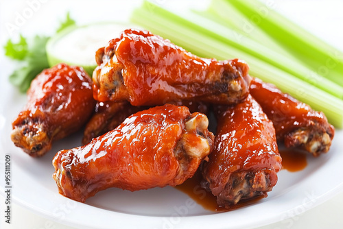 chicken wings are depicted with a fiery buffalo sauce coating serve on the white plate, highlighted by a drizzle of cool ranch dressing. 