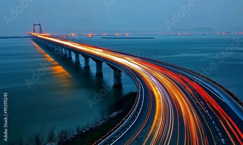 A long exposure shot of a bridge at night with blurred lights.