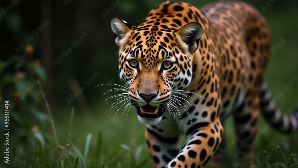 Naklejka premium a leopard running through the grass with a tree in the background.