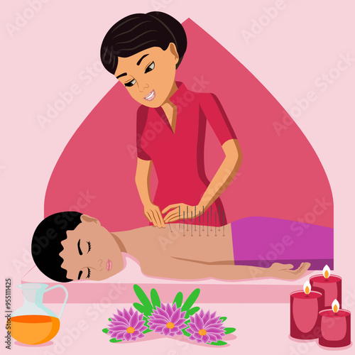 Needle Acupuncture treatment by professional acupuncturist in spa. Isolated flat vector illustration. Eastern and Indian ethnicity.