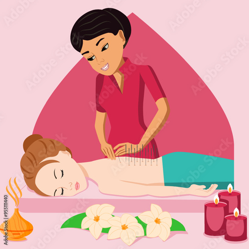 Needle Acupuncture treatment by professional acupuncturist in spa. Isolated flat vector illustration. Eastern and European ethnicity.