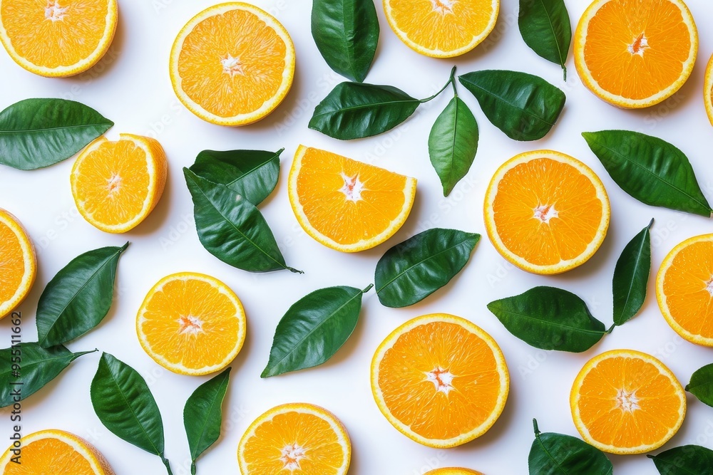 Freshly sliced oranges and green leaves scattered on a white background. Freshly sliced oranges and green leaves scattered on a white background.