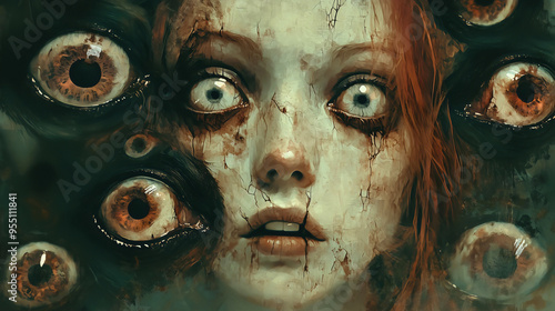 A haunted piece of dark art depicting a lost girl or something resembling a woman, with dark, demonic eyes forming beside her, fixedly staring straight ahead. photo