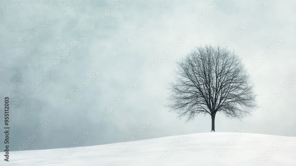Fototapeta premium Winter scene with a snowy landscape and a lone, leafless tree standing against a soft, overcast sky