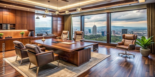 Modern, sleek, and ergonomically designed office chairs and desks handmade from rich woods and premium leathers in a luxurious Istanbul-based corporate office setting. photo