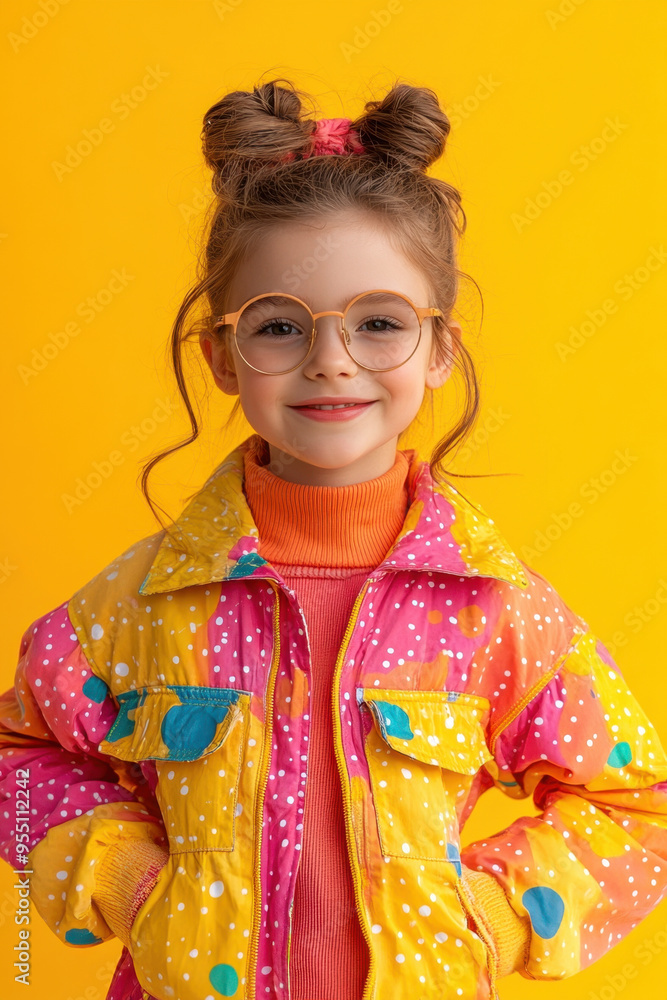 Childrens Fashion, A cheerful girl aged 10-11 years poses in vibrant, stylish clothing against a bright yellow background, showcasing fun and lively children's fashion Childrens Fashion, A cheerful girl aged 10-11 years poses in vibrant, stylish clothing against a bright yellow background, showcasing fun and lively children's fashion