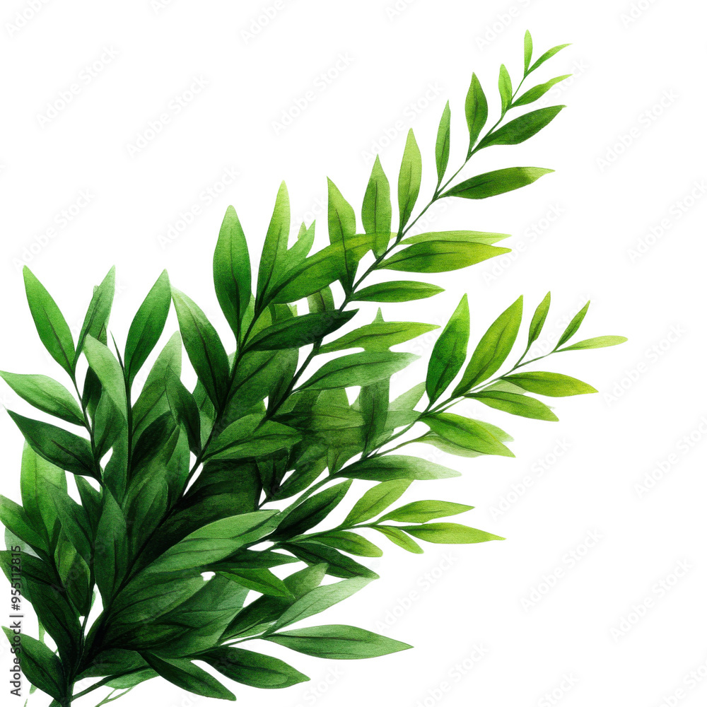 Fototapeta premium Lush green tropical leaf branch, perfect for nature-themed designs, adding freshness and vibrancy to your projects.