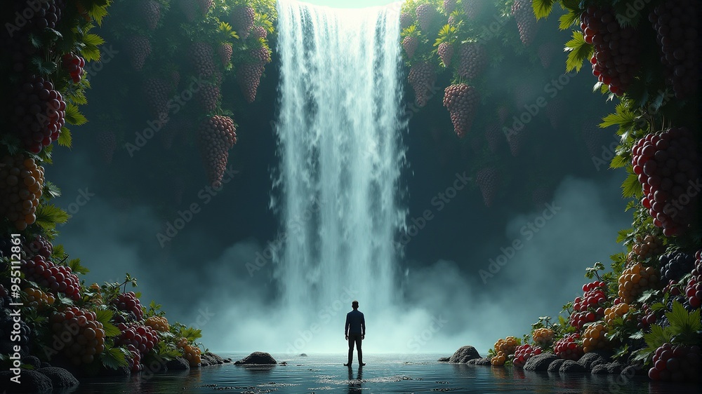 a man stands in front of a waterfall that is surrounded by water. a man stands in front of a waterfall that is surrounded by water.