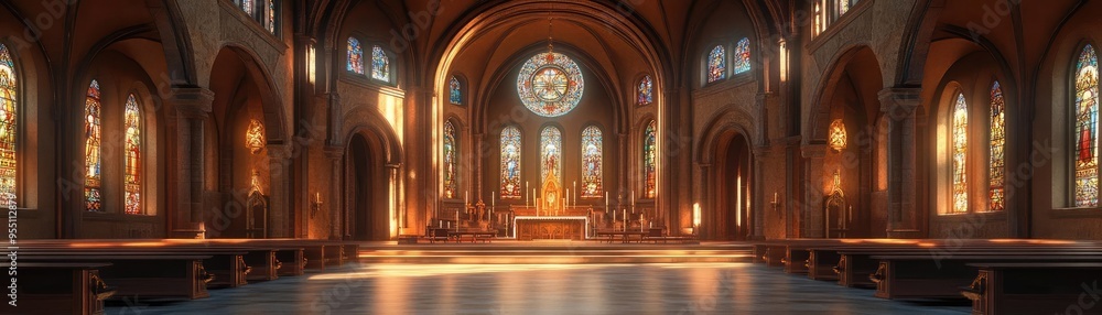 Fototapeta premium Grand Romanesque church interior, with high arches, stained glass, and a detailed altar, 3D architecture
