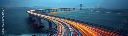 A long exposure shot of a bridge with streaking light trails from cars driving over it.