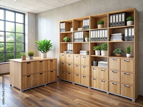 Modern wooden file cabinets and shelves with soft-close drawers and adjustable compartments create a sleek and organized office storage solution for busy workspaces.