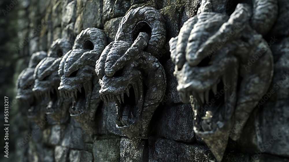 Sinister 3D Render of Hydra Carved Stone Wall in Dark Fantasy Setting with Hissing Heads Sinister 3D Render of Hydra Carved Stone Wall in Dark Fantasy Setting with Hissing Heads