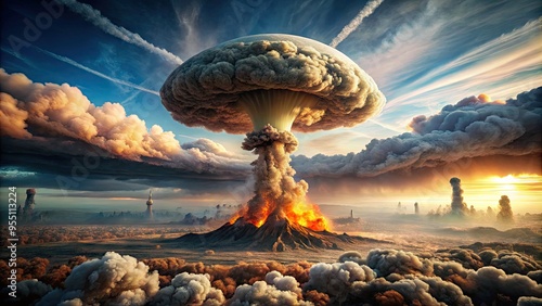 Mushroom Cloud Rising From A Nuclear Bomb Explosion, Leaving A Trail Of Smoke And Destruction In Its Wake.