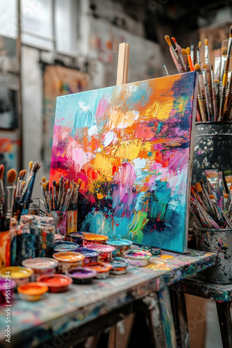 Artistic Painting, A colorful abstract painting on canvas displayed alongside brushes and paint on a table, showcasing the creative process