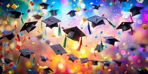 Graduation hats flying in the air with colorful confetti celebrating academic success the vibrant imagery represents global scholars who have completed their studies. photo