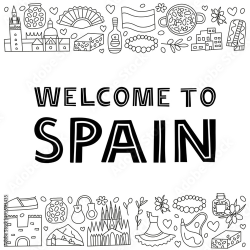 Spanish national landmarks and attractions in doodle style isolated on white background. Welcome poster. Spanish tourism concept.