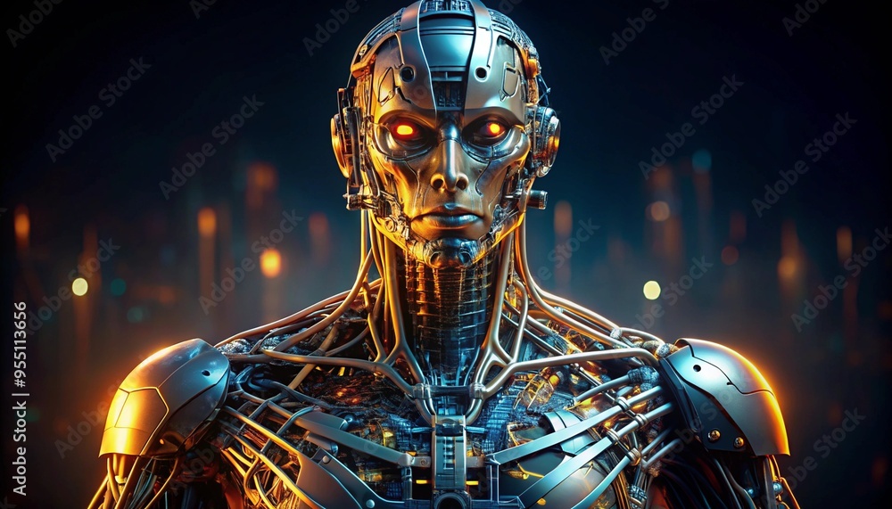 A futuristic android with glowing orange eyes and intricate mechanical design stands in a cyberpunk city This advanced robot showcases technological sophistication with a complex array of wires. A futuristic android with glowing orange eyes and intricate mechanical design stands in a cyberpunk city This advanced robot showcases technological sophistication with a complex array of wires.