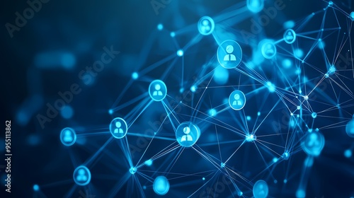 Abstract digital network with icons of people and a circle on a blue background, designed for a social media banner or technology concept