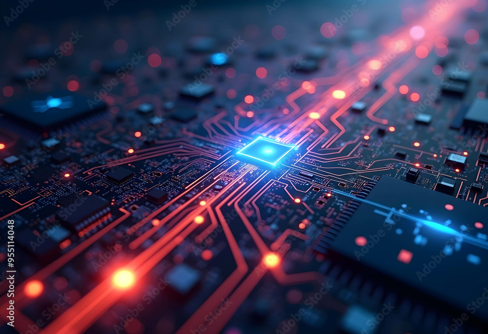 Close-up of A CPU with a glowing red dot light, and there are numerous circuit pathways radiating out from it Close-up of A CPU with a glowing red dot light, and there are numerous circuit pathways radiating out from it