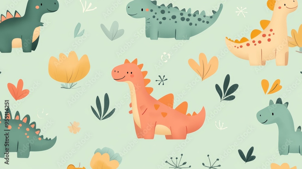 Playful dinosaur pattern featuring colorful characters and plants, perfect for children's designs and playful themes. Playful dinosaur pattern featuring colorful characters and plants, perfect for children's designs and playful themes.