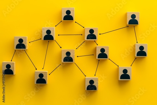 Wooden blocks with person symbols connected by arrows on a yellow background representing network, social connections, or teamwork. photo