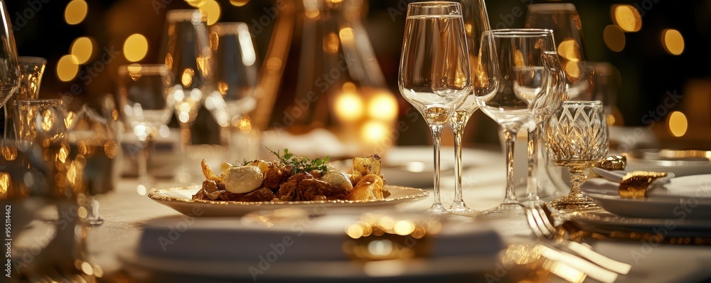 Elegant dining table set for a festive occasion, adorned with fine glassware and exquisite dishes under soft, glowing lights. Elegant dining table set for a festive occasion, adorned with fine glassware and exquisite dishes under soft, glowing lights.