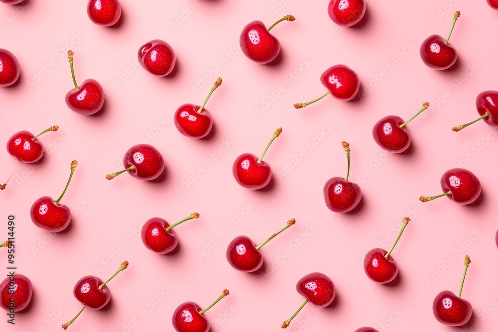 Pattern of ripe red cherries on a pink background. Pattern of ripe red cherries on a pink background.