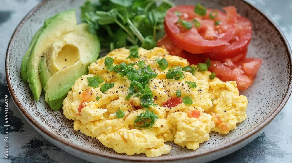 A plate of scrambled eggs with a side of avocado and tomatoes, earthy watercolor palette, Scrambled Eggs, Balanced breakfast A plate of scrambled eggs with a side of avocado and tomatoes, earthy watercolor palette, Scrambled Eggs, Balanced breakfast