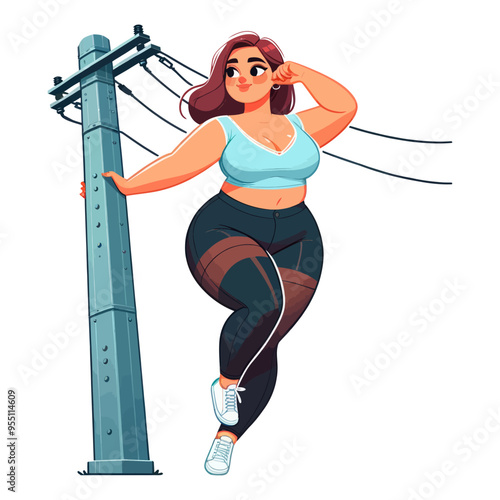 Vector illustration of a curvy woman leaning on a utility pole, exuding confidence and style in casual sportswear.