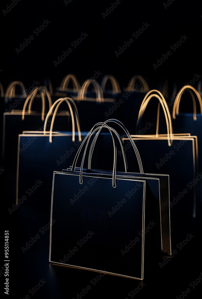 A dark black background with the subtle outline of shopping bags, creating a luxurious atmosphere with plenty of copy space A dark black background with the subtle outline of shopping bags, creating a luxurious atmosphere with plenty of copy space