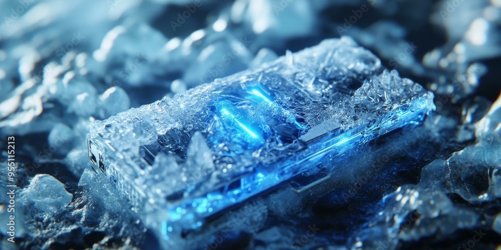 Obraz premium Frozen computer chip, glowing blue.