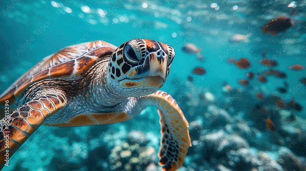Fototapeta premium Majestic Sea Turtle Exploring Vibrant Coral Reef with Colorful Fish in Clear Blue Water
