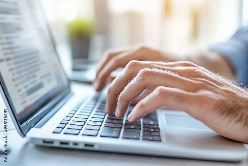 Closeup shot of a businessman's hands typing on the keyboard of a laptop computer on a wooden table Closeup shot of a businessman's hands typing on the keyboard of a laptop computer on a wooden table