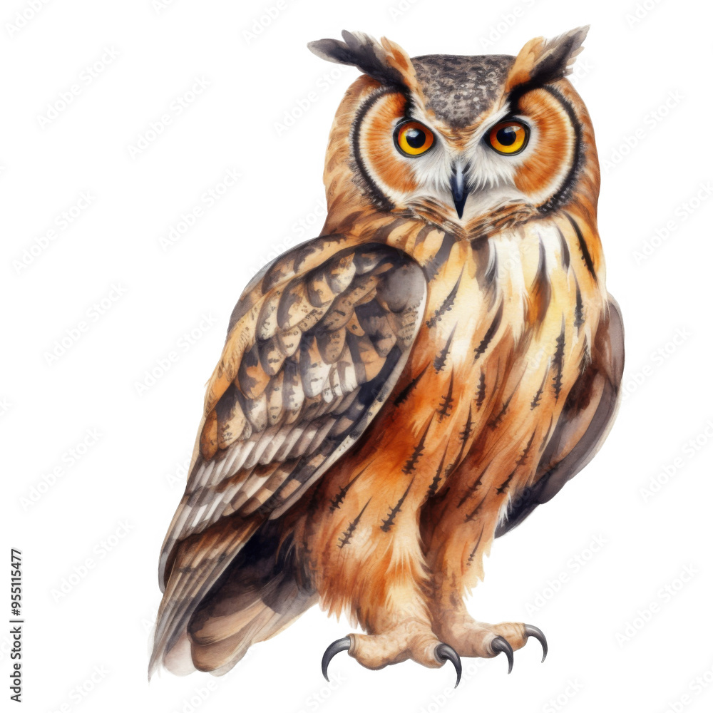 Obraz premium Watercolor Illustration of a Brown and Black Long-eared Owl