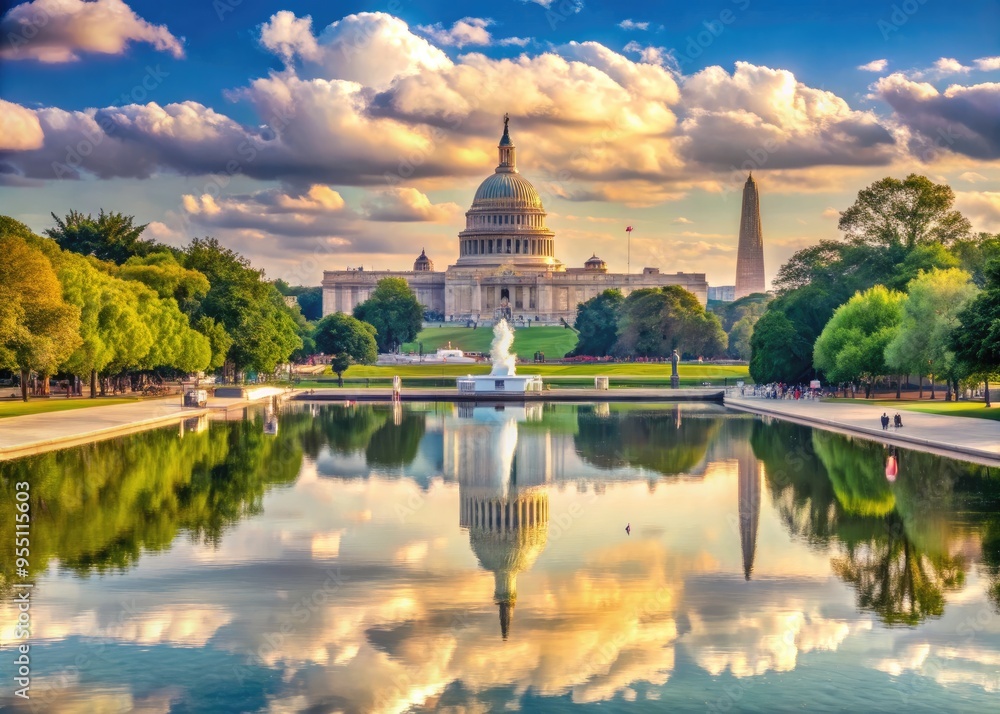 Obraz premium Panoramic view of Washington D.C.'s iconic landmarks, including the U.S. Capitol building, National Mall, and Reflecting Pool, on a sunny summer day.