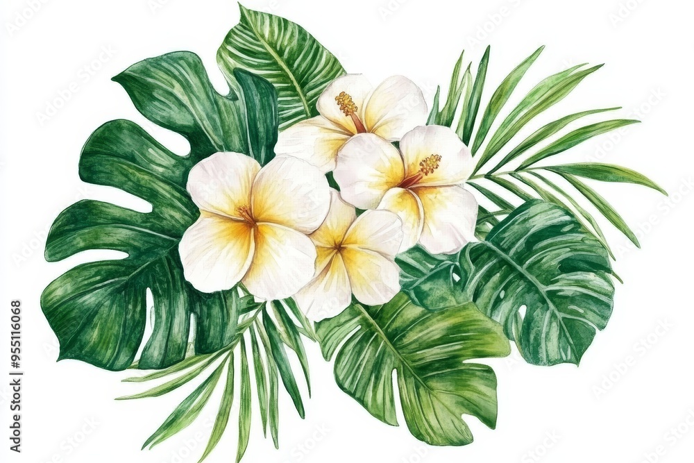 Watercolor illustration of white flowers and green leaves. Watercolor illustration of white flowers and green leaves.