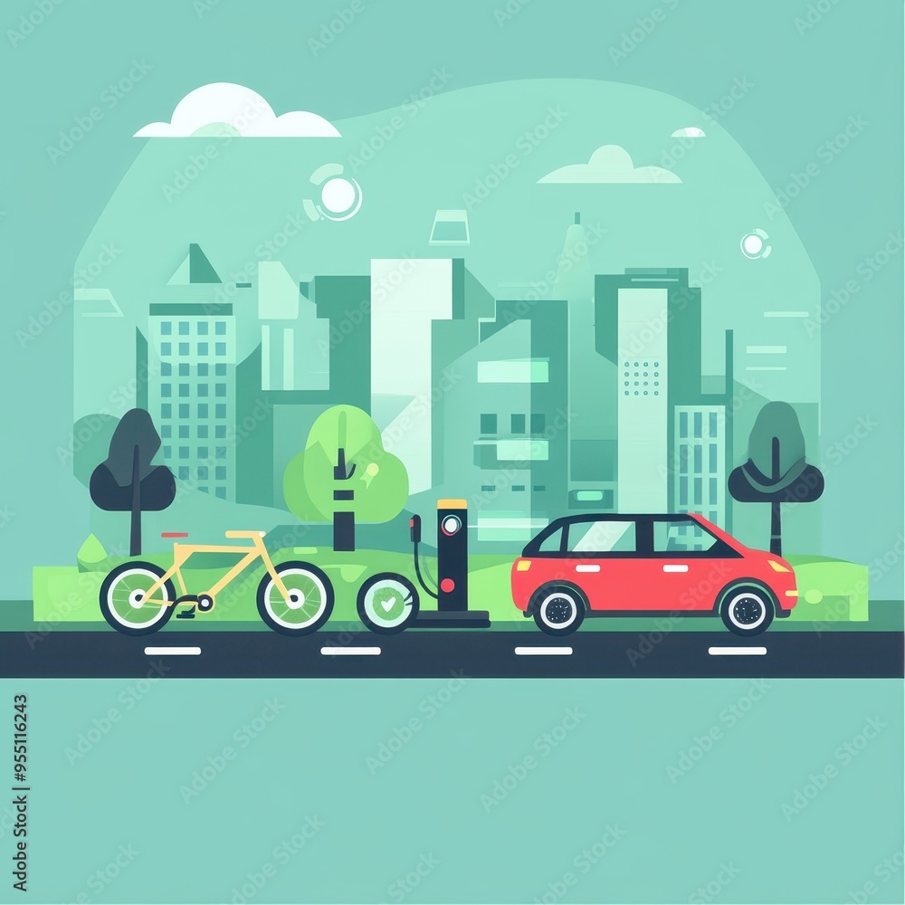 A vibrant city scene featuring a bicycle, car, and modern buildings, promoting urban transport and eco-friendly living. A vibrant city scene featuring a bicycle, car, and modern buildings, promoting urban transport and eco-friendly living.