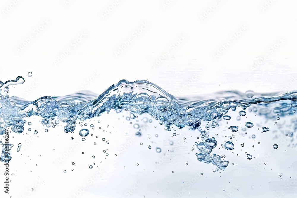 Close-up of a wave of clear blue water with air bubbles against a white background. Close-up of a wave of clear blue water with air bubbles against a white background.