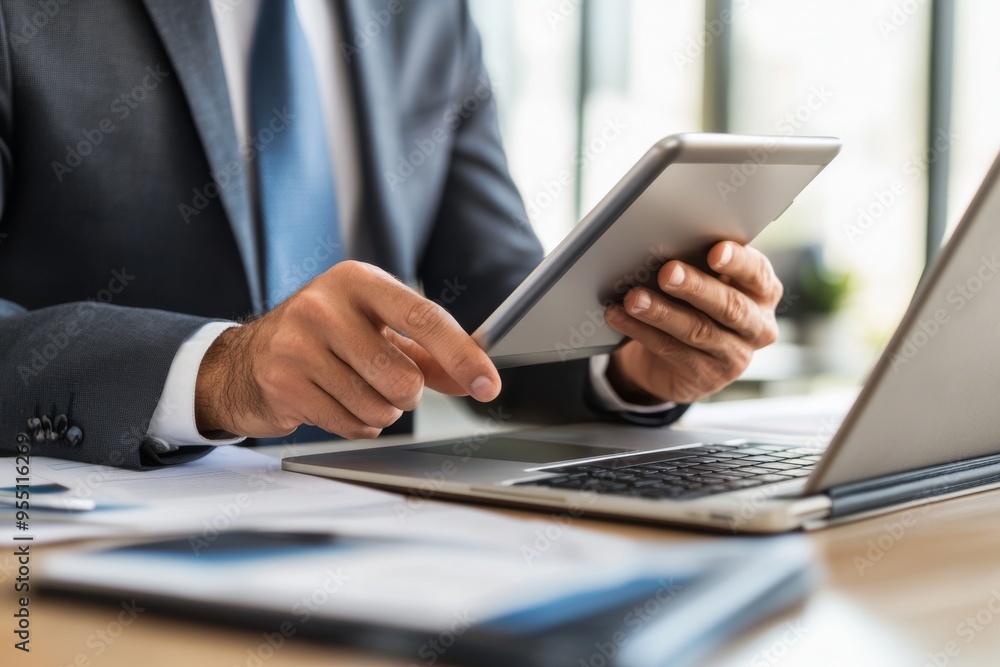 Working on digital tablet and laptop at modern office. Businessman planning new work project on tablet PC at workplace. Working on digital tablet and laptop at modern office. Businessman planning new work project on tablet PC at workplace.