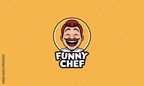 Laughing chef character with a mustache, wearing a white hat