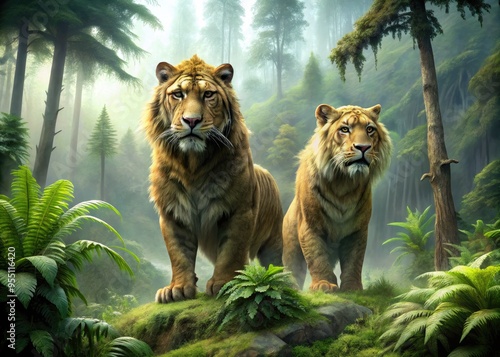 Prehistoric scene featuring a pair of massive, shaggy-coated sabertooth tigers standing majestically amidst a misty, ancient forest, with moss-covered trees and ferns surrounding them. photo