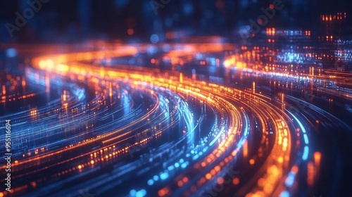 Closeup of an AImanaged cloud network, data flows represented as light trails, showcasing automation in cloud performance